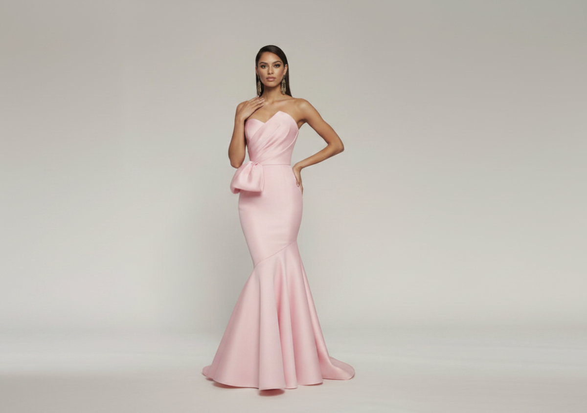 Light pink strapless mermaid gown in pleated satin with a side bow and floor-length flared skirt.
