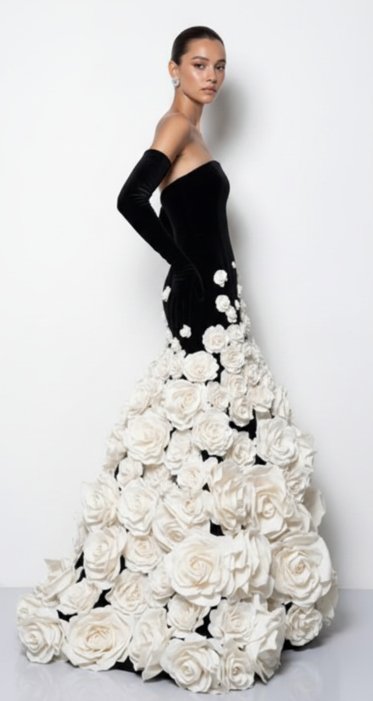 Strapless black velvet evening gown with long gloves and a voluminous skirt covered in 3D white floral embellishments.