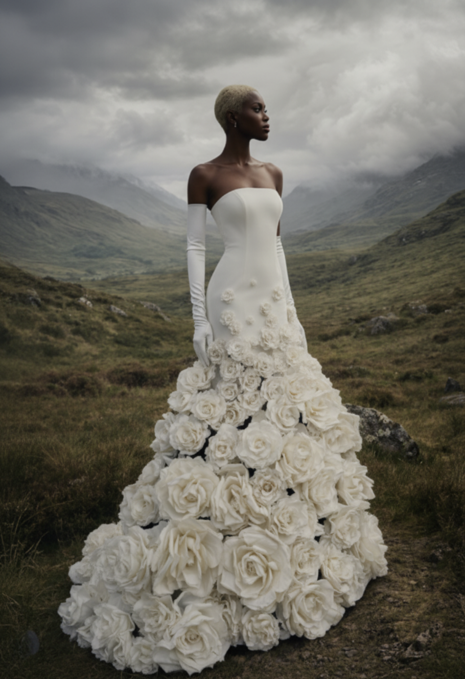 Strapless white gown with 3D floral embellishments and matching opera gloves, set against a dramatic mountain landscape.