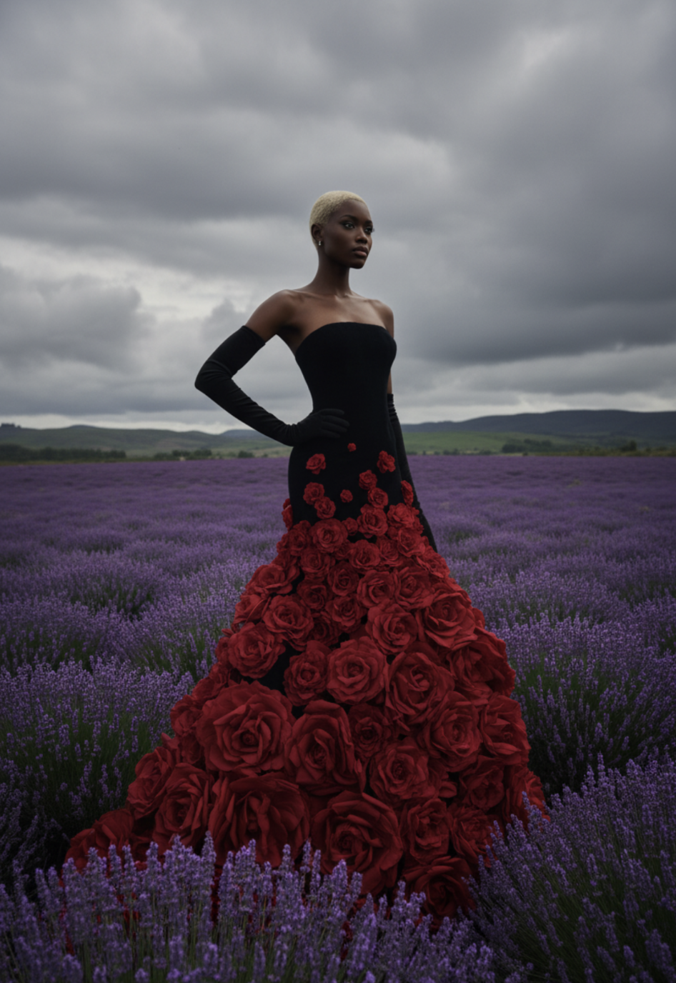 Strapless black velvet evening gown featuring a voluminous skirt with bold 3D red floral embellishments in a lavender field.
