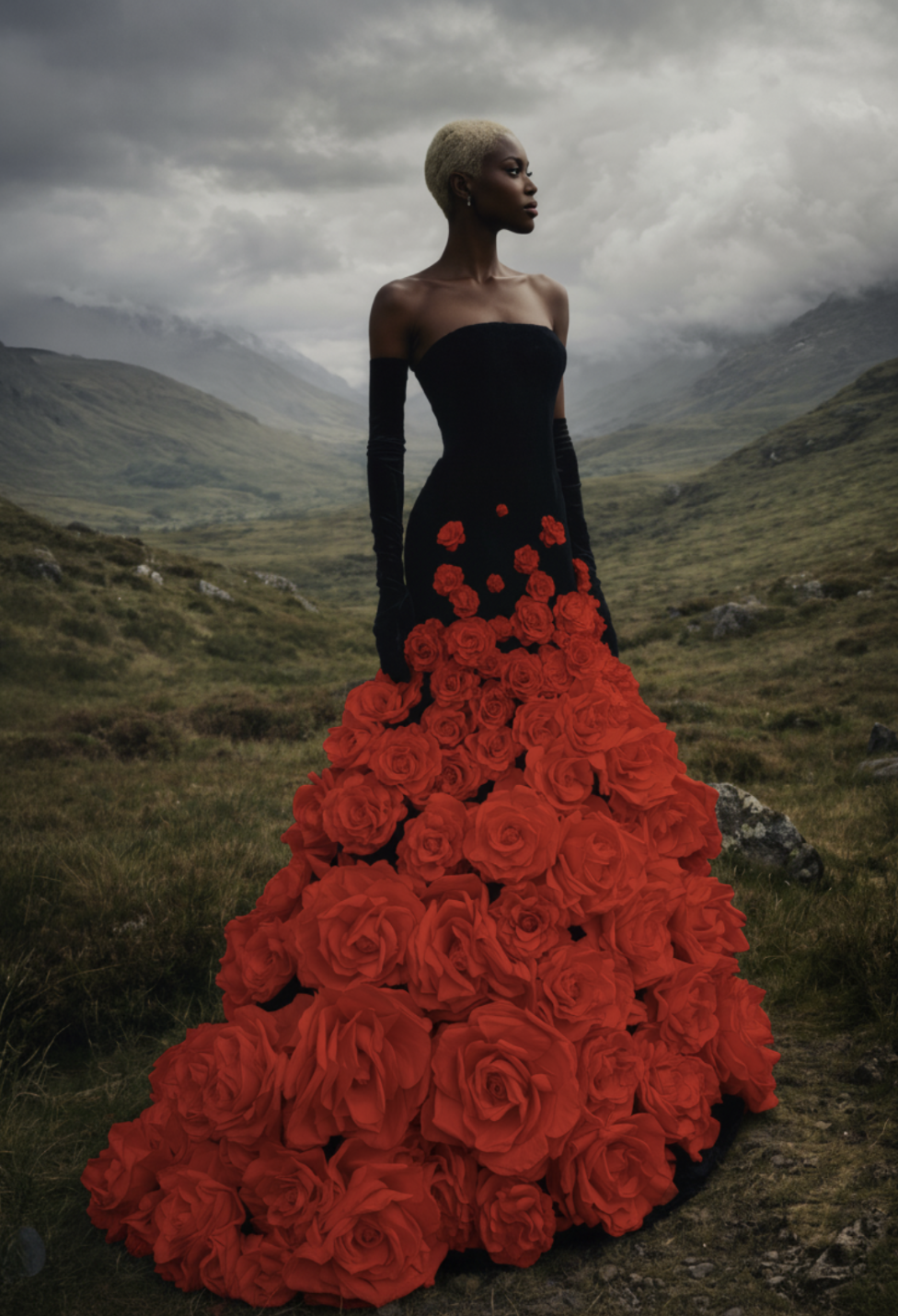 Black strapless velvet gown featuring a dramatic skirt covered in bold 3D red floral embellishments in a mountain landscape.