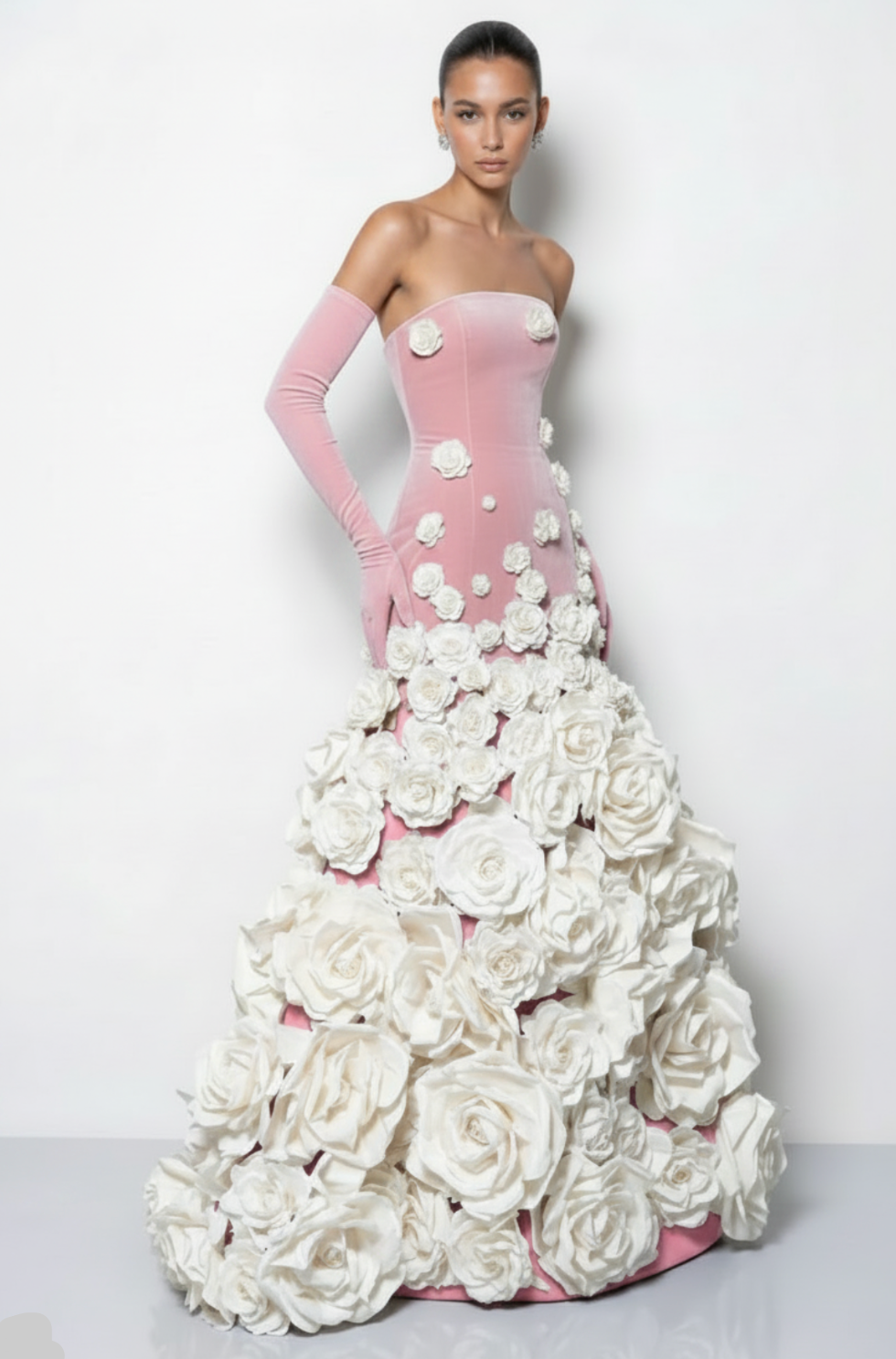 Strapless pink velvet evening gown with 3D white floral embellishments and matching opera-length gloves.