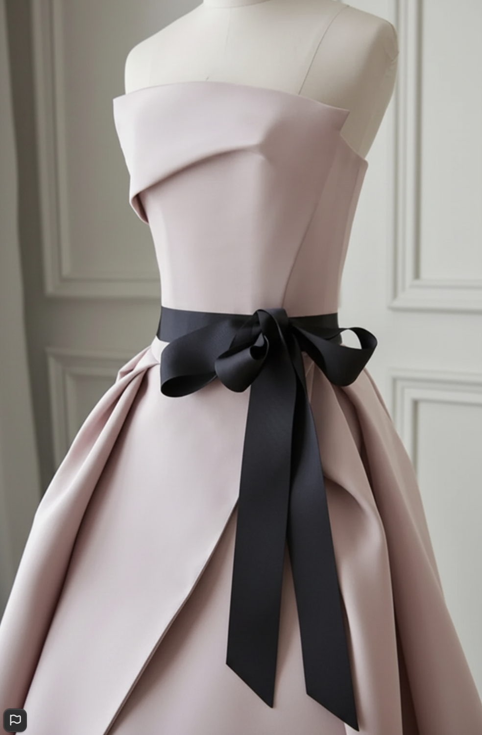Strapless blush pink satin twill gown with a structured pleated bodice and a contrasting black sash tied at the waist.
