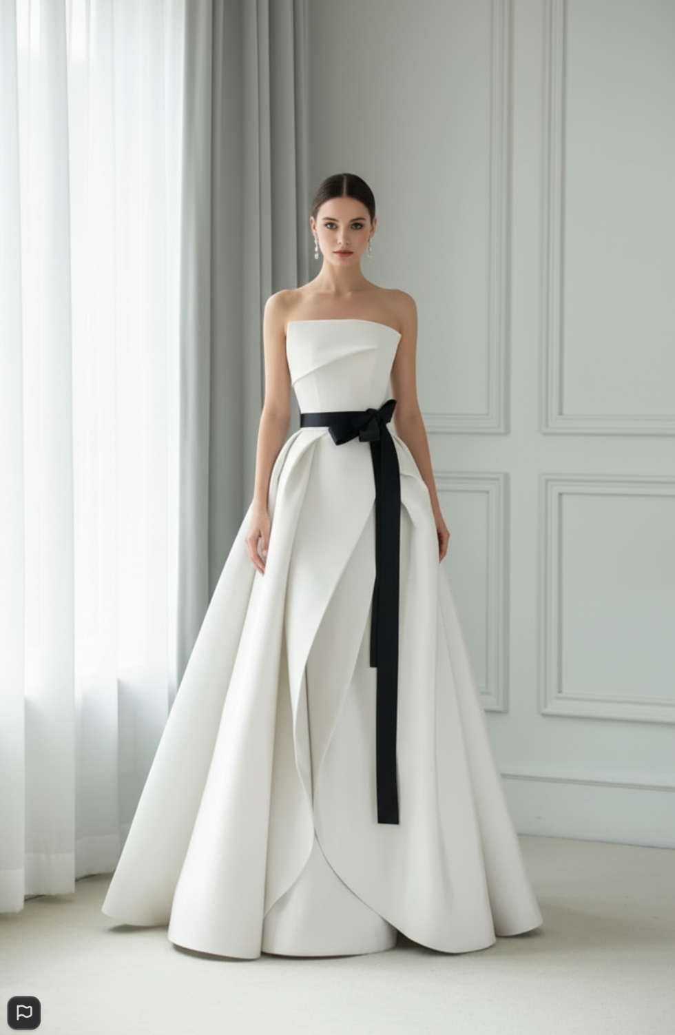 Elegant white strapless Crete gown with a structured A-line silhouette, pleated bodice, and a dramatic black waist sash.