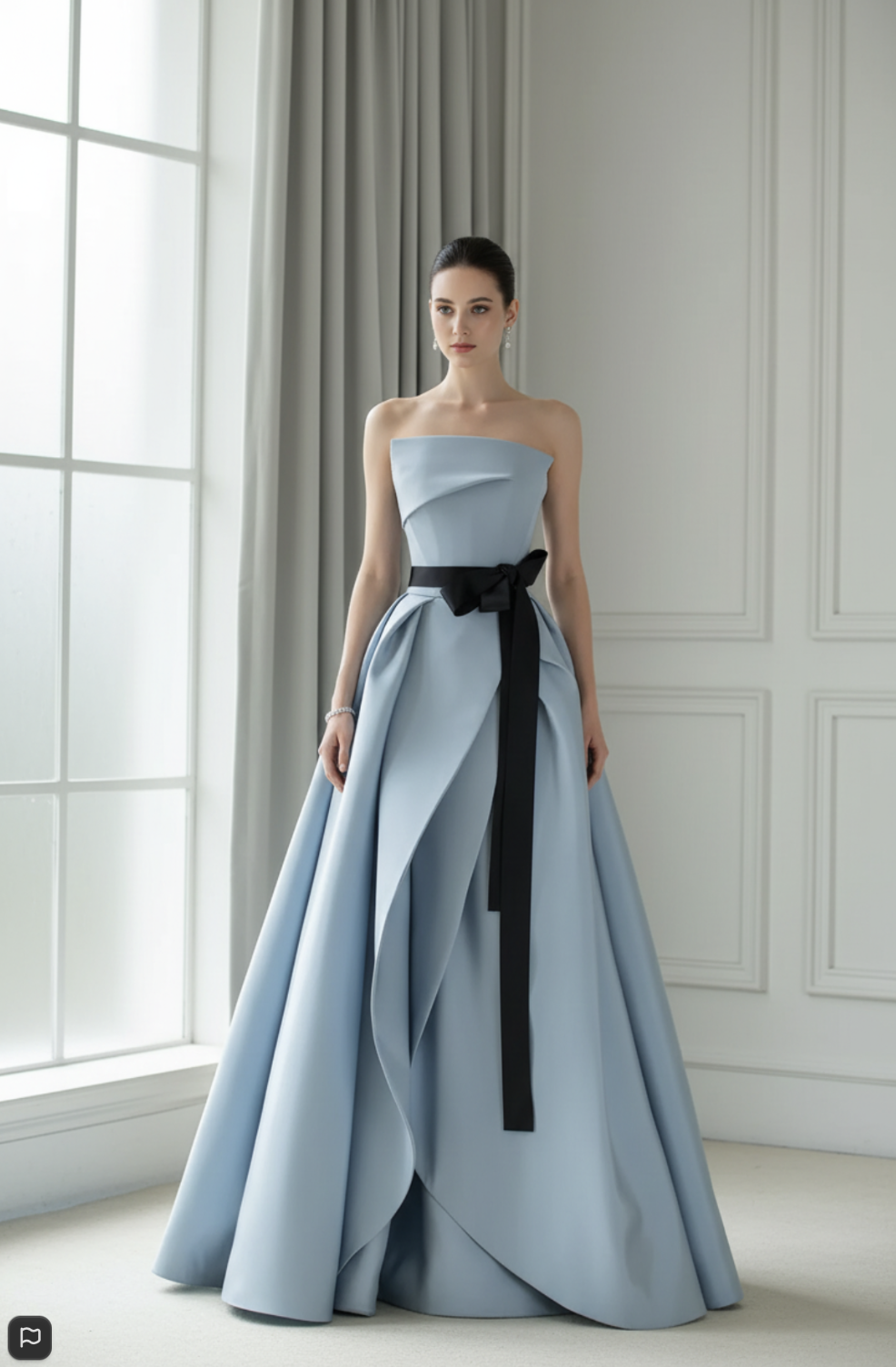 Strapless light blue satin twill A-line gown with a black waist sash, pleated bodice, and floor-length silhouette.