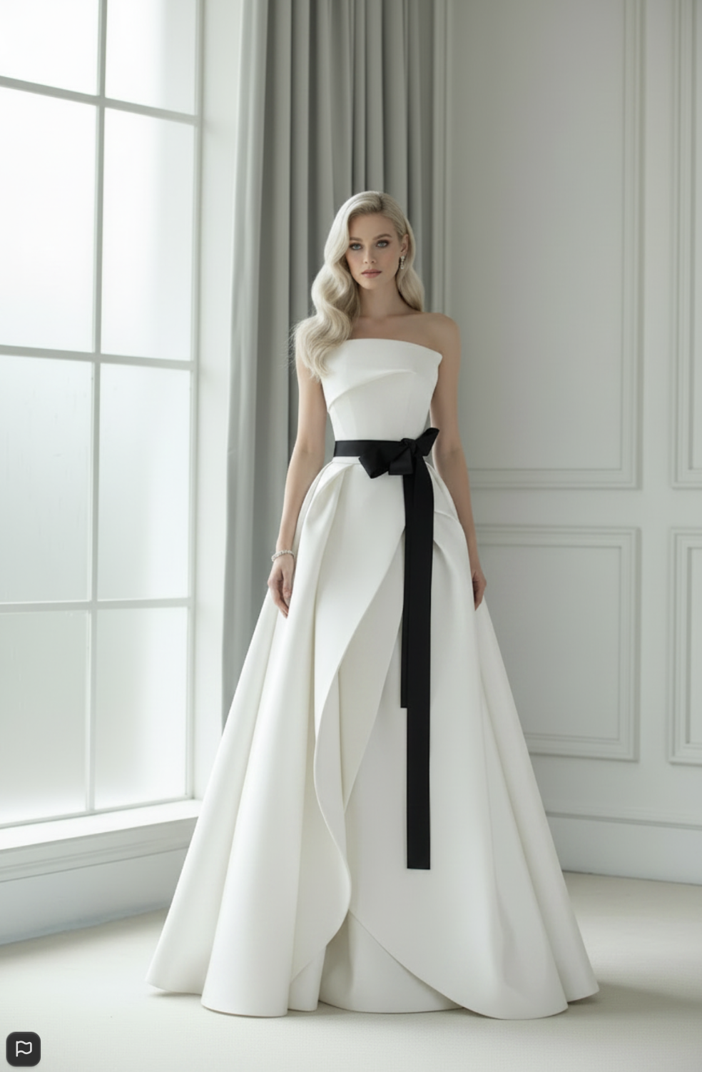 Strapless white A-line Crete gown featuring a floor-length pleated skirt, strategic ruching, and a dramatic black waist sash.