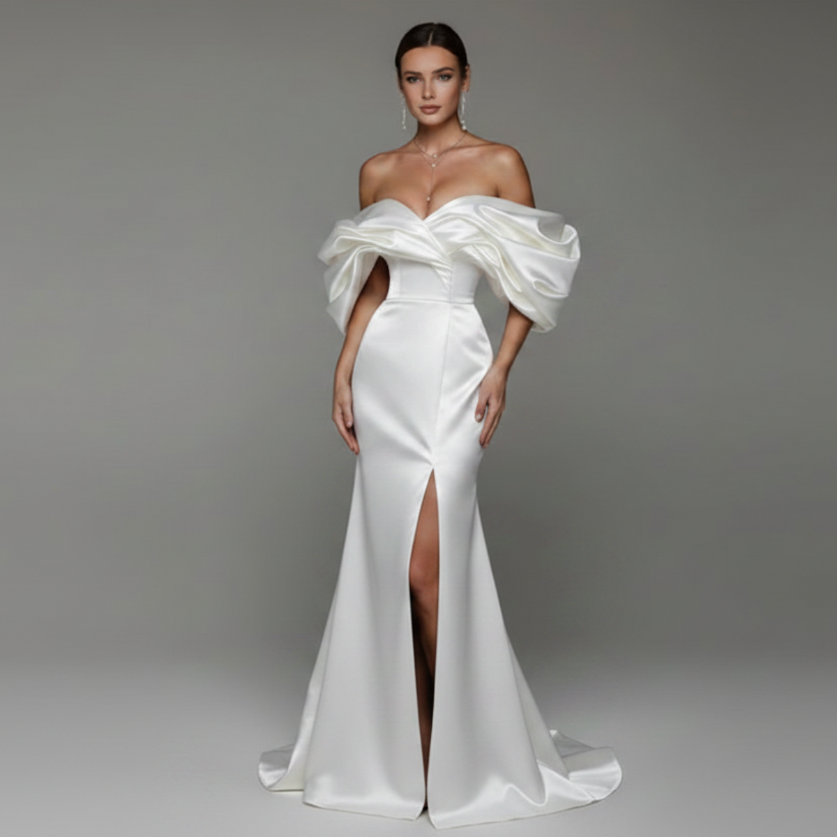 White satin floor-length gown with an off-shoulder pleated bodice and a high front slit for formal events.