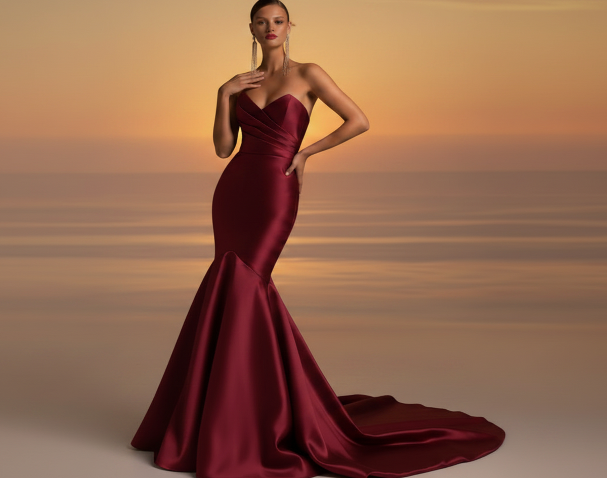 Burgundy satin fishtail gown with a strapless sweetheart neckline and pleated bodice against a sunset background.