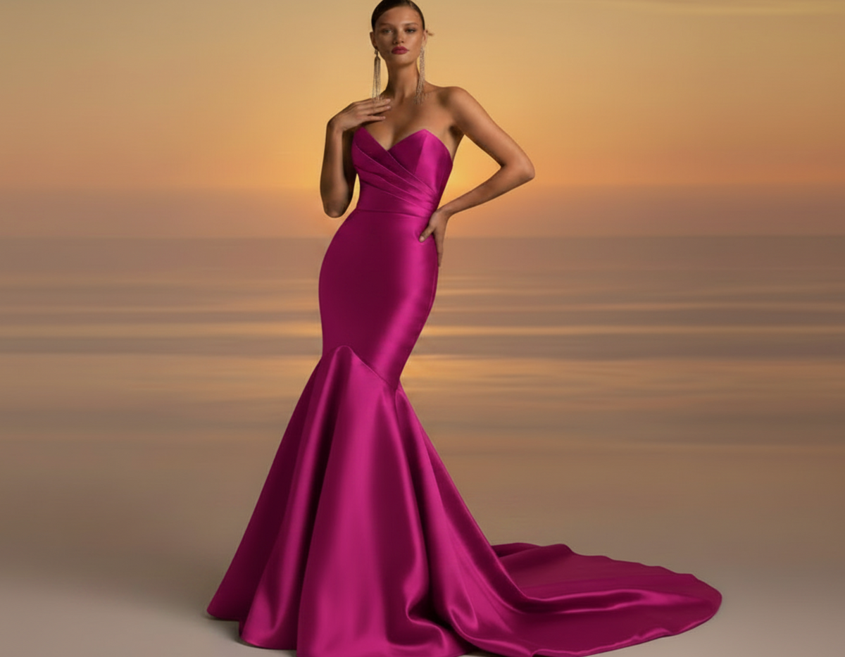 Magenta satin fishtail gown with a strapless pleated bodice and elegant train for formal events.