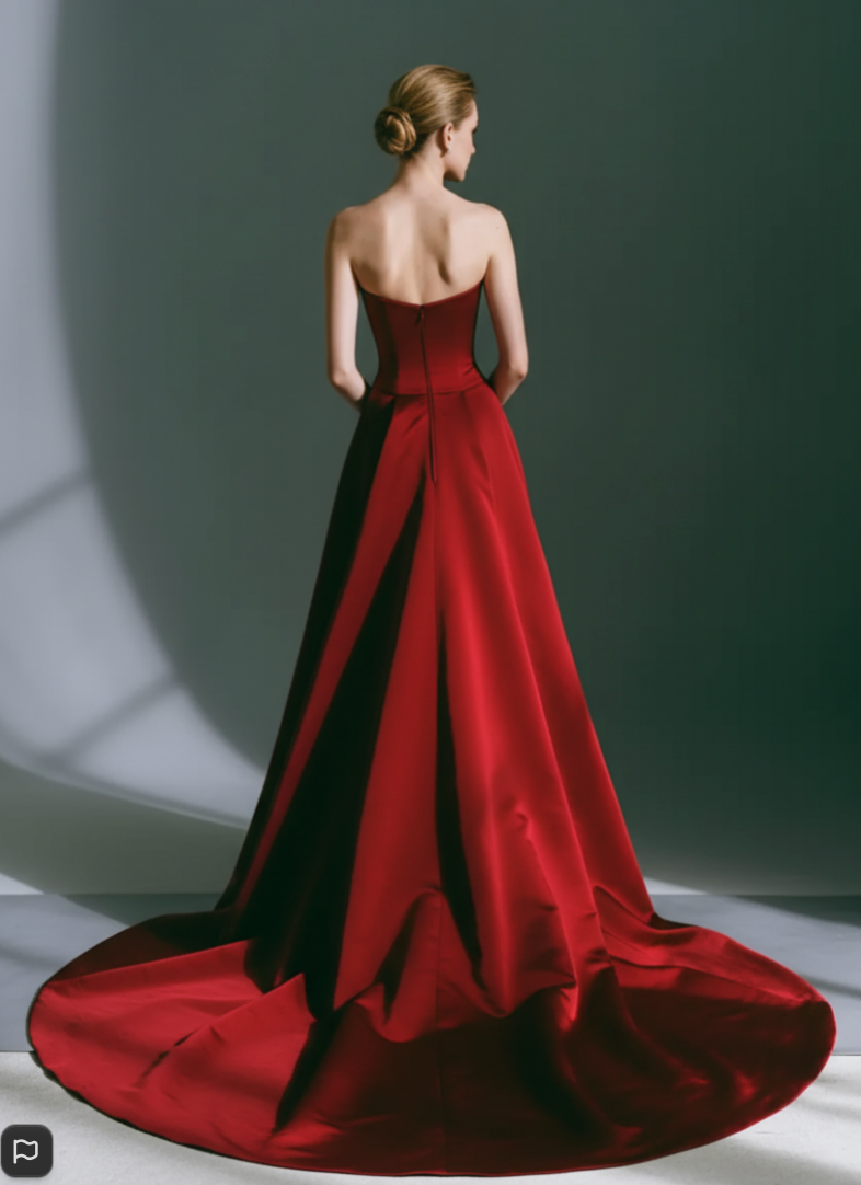 A woman stands with her back to the camera wearing a strapless red gown with a fitted bodice and a dramatic full skirt with a long train in a studio setting.