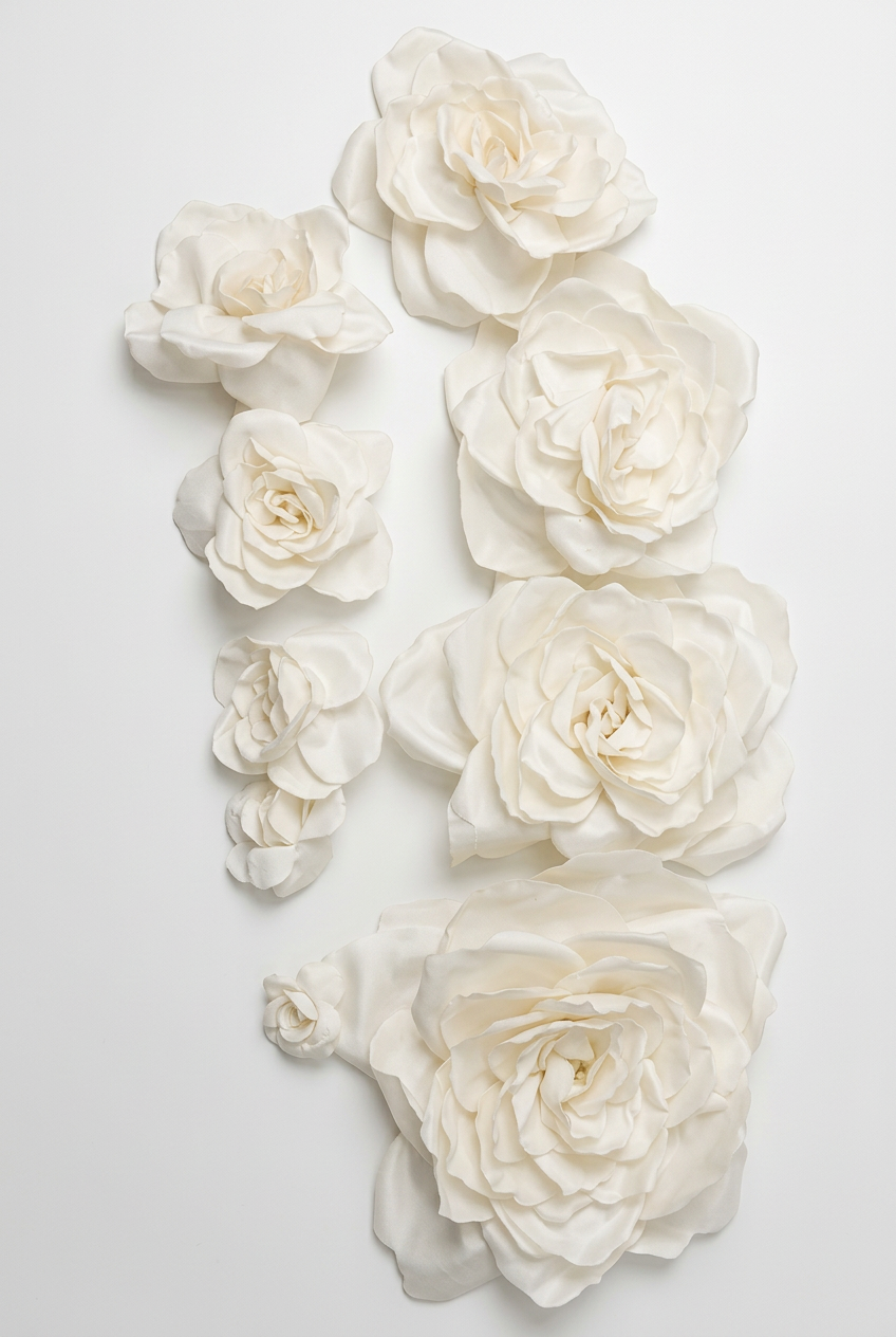 A set of white artificial silk roses of various sizes arranged on a glossy white tiled floor.