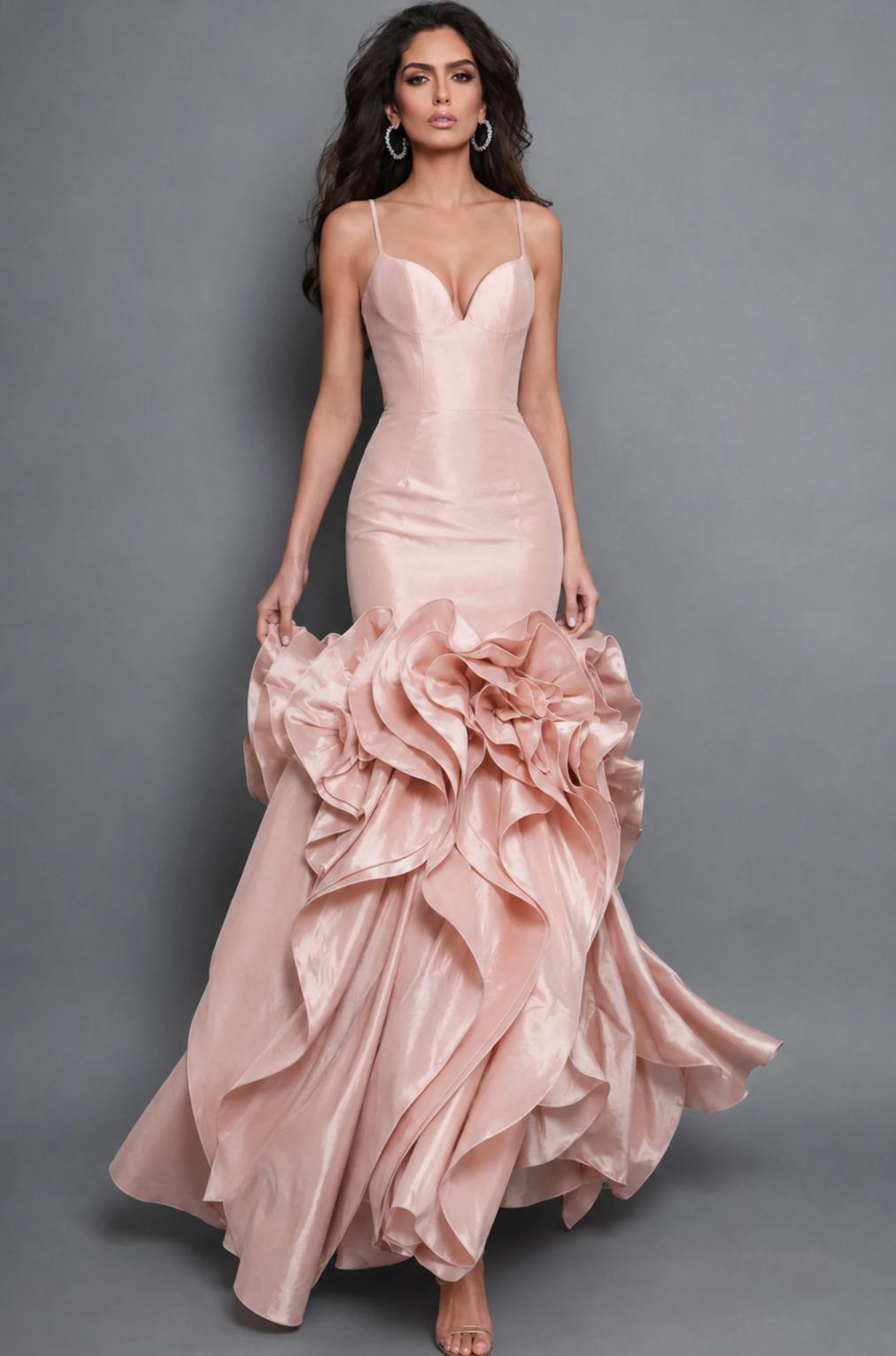 Blush pink sculpted gown with a structured bodice, fitted waist, and a voluminous skirt featuring tiered flounces.