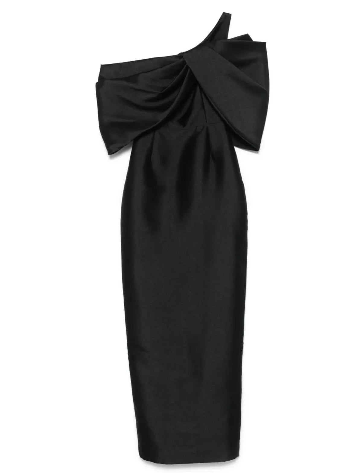 Black Silver Springs gown in twill satin featuring an elegant one-shoulder asymmetric neckline and structured silhouette.