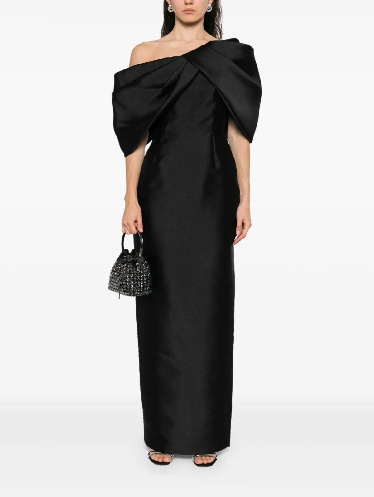 Black twill satin one-shoulder gown with an asymmetric neckline and structured silhouette.