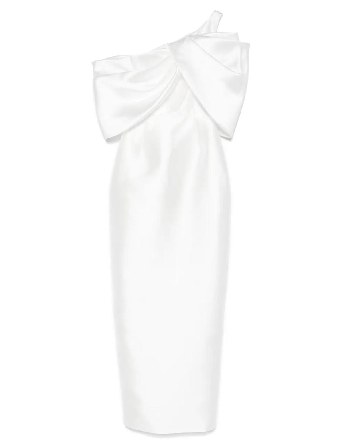 White one-shoulder twill satin gown with a structured asymmetric neckline and elegant draped bodice.