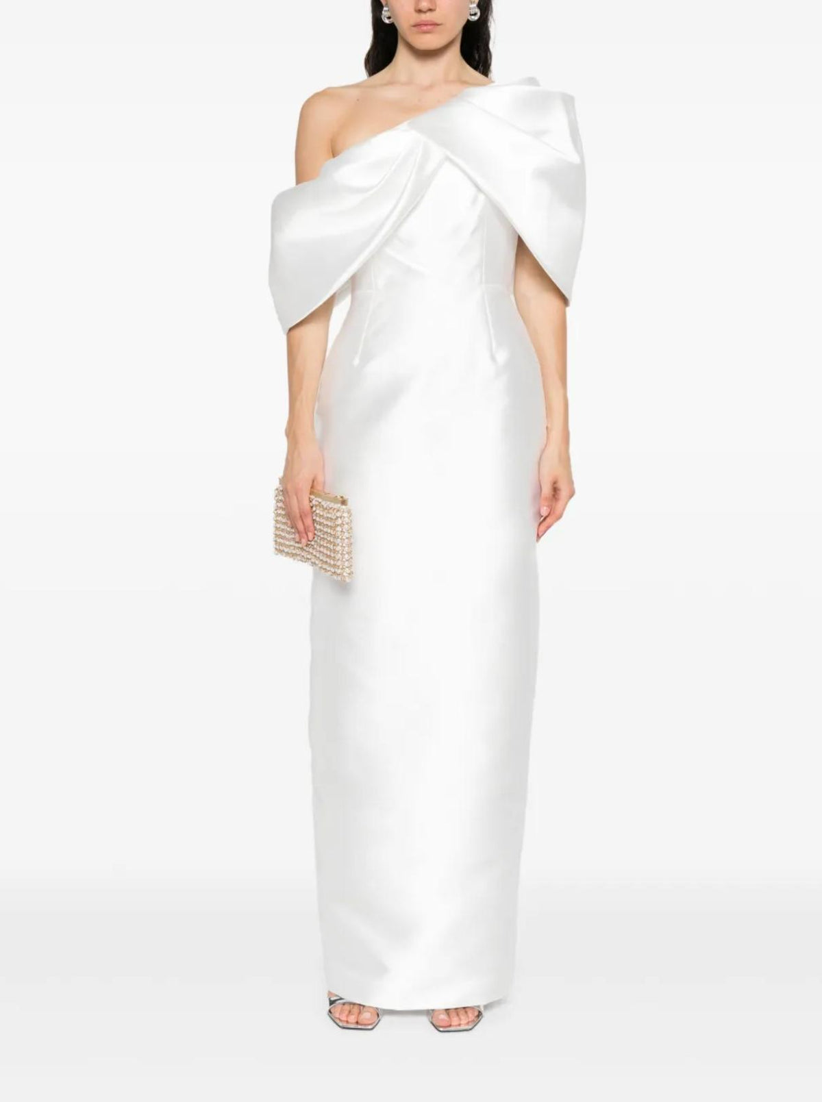 White asymmetric one-shoulder gown in twill satin with a structured neckline and floor-length silhouette.