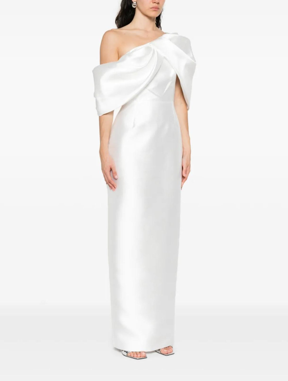 White twill satin one-shoulder gown with an asymmetric neckline and structured floor-length silhouette.