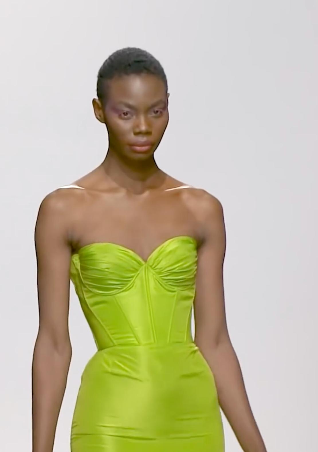 Lime green strapless taffeta mermaid gown with a structured, pleated corset bodice for formal events.