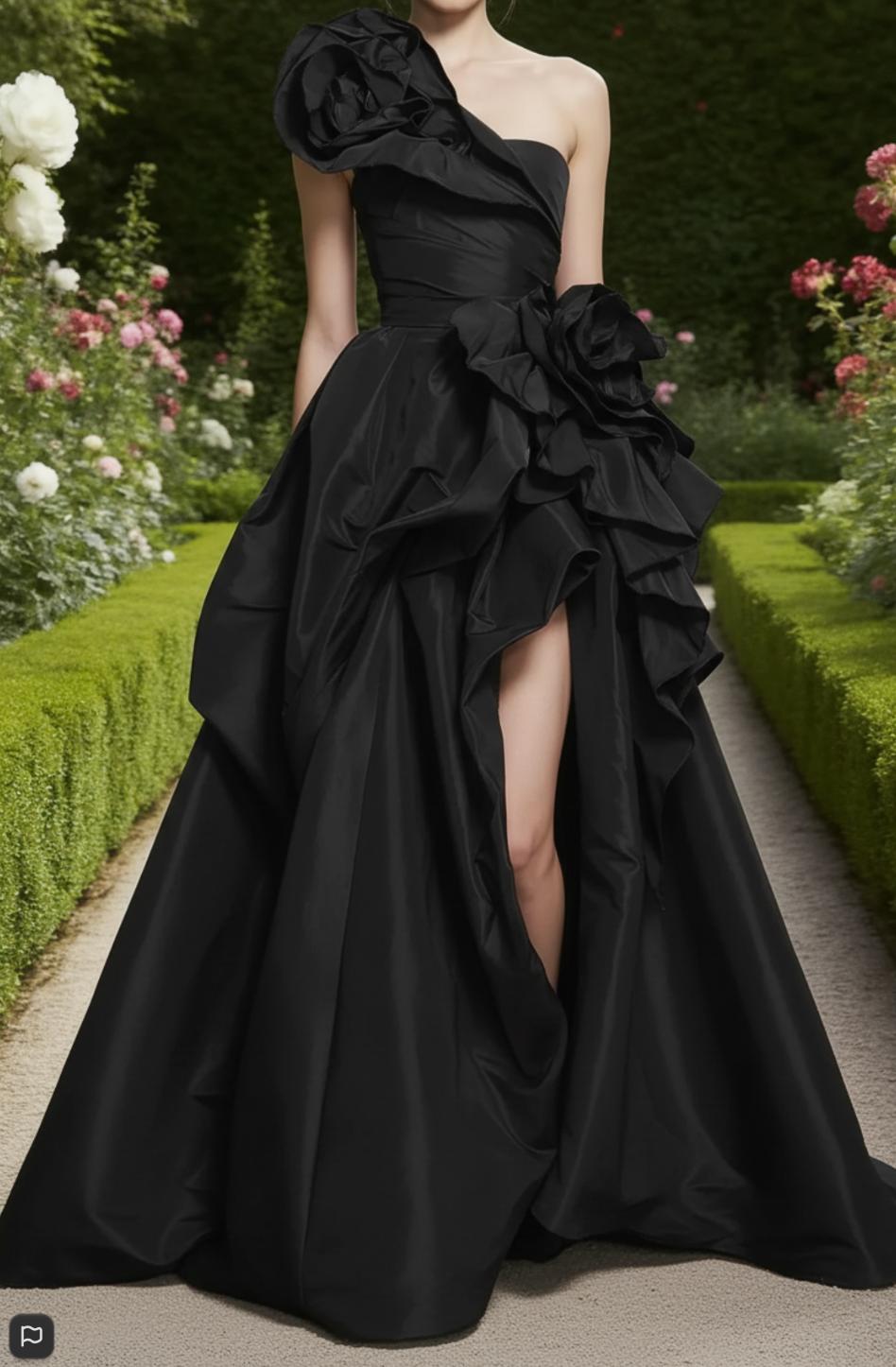 Black one-shoulder taffeta A-line gown featuring dramatic 3D oversized floral embellishments and a high-slit floor-length skirt.