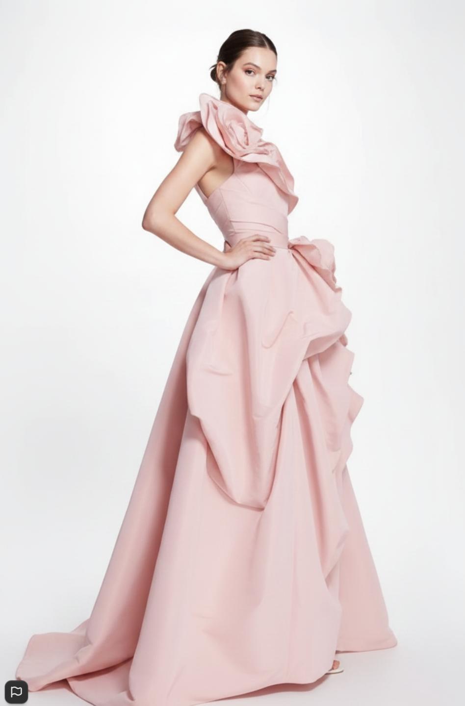 Blush pink one-shoulder taffeta A-line gown with dramatic 3D oversized floral embellishments and a chapel train.