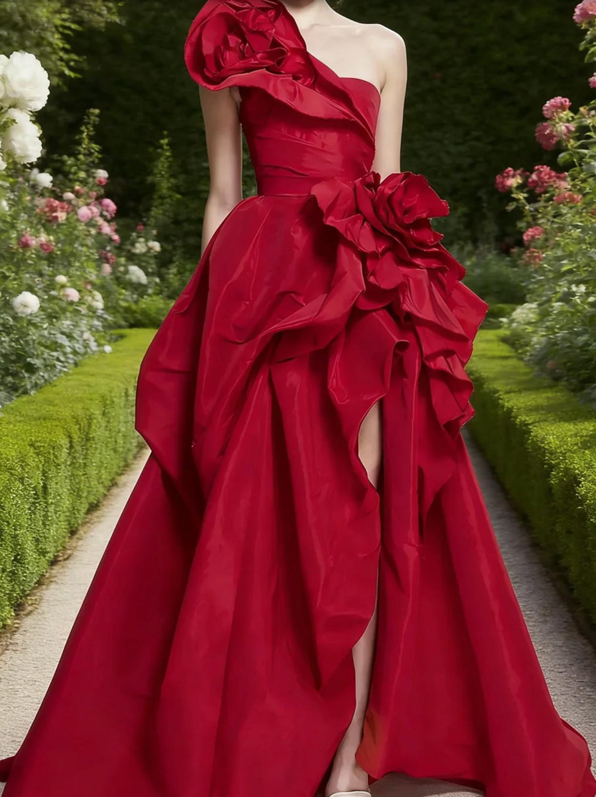 Red satin one-shoulder A-line gown featuring dramatic 3D floral accents and a floor-length skirt in a garden setting.