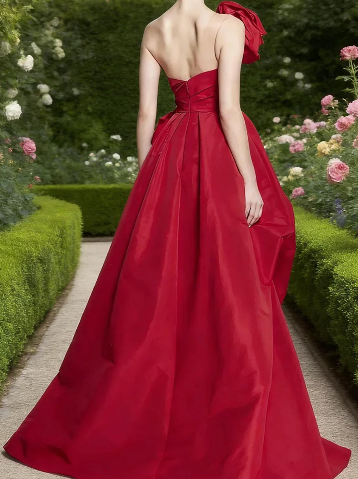 Red satin A-line gown with a one-shoulder 3D floral accent and floor-length skirt in a garden setting.