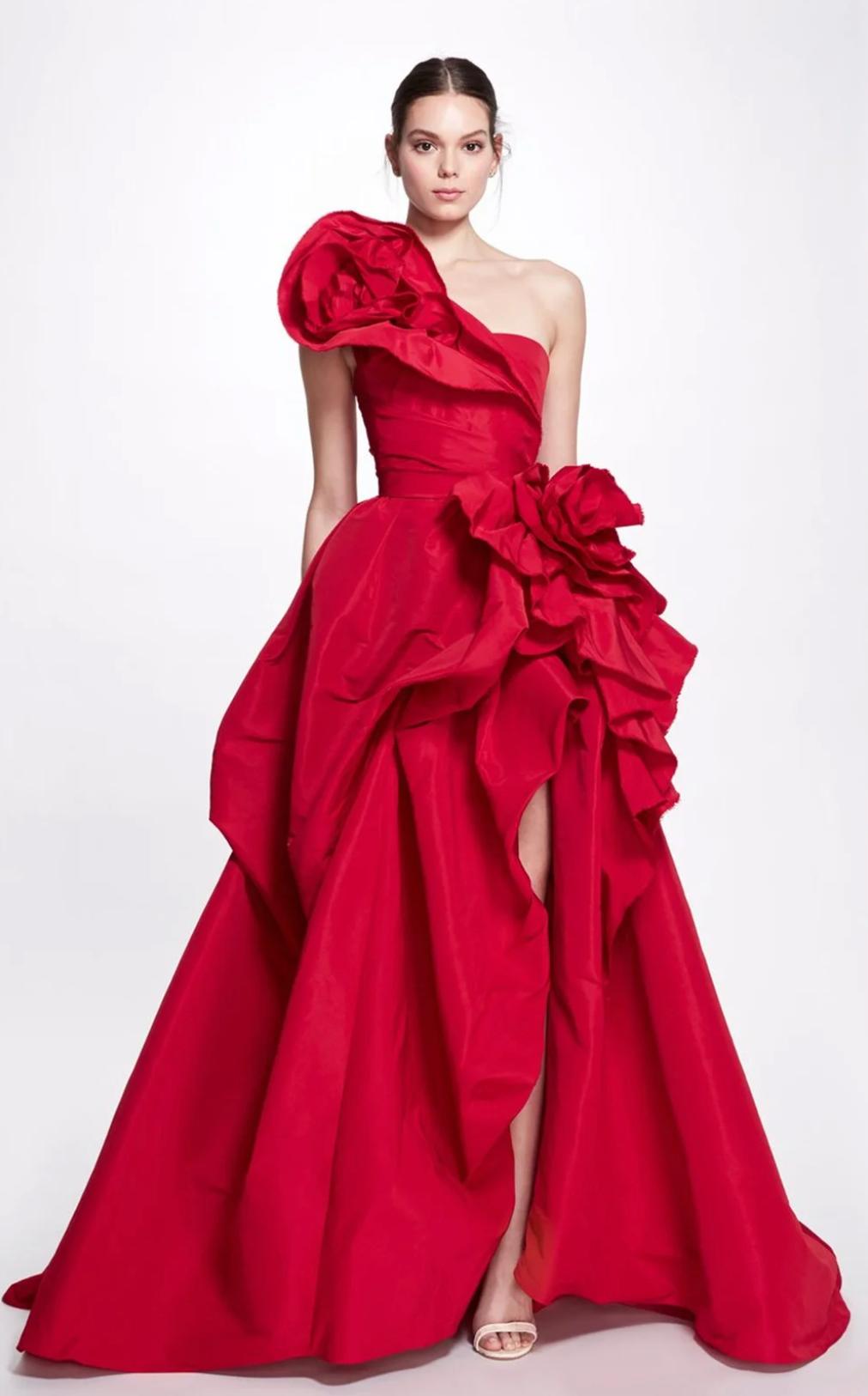 Red one-shoulder A-line gown in taffeta with dramatic 3D floral accents and a flowing floor-length skirt.