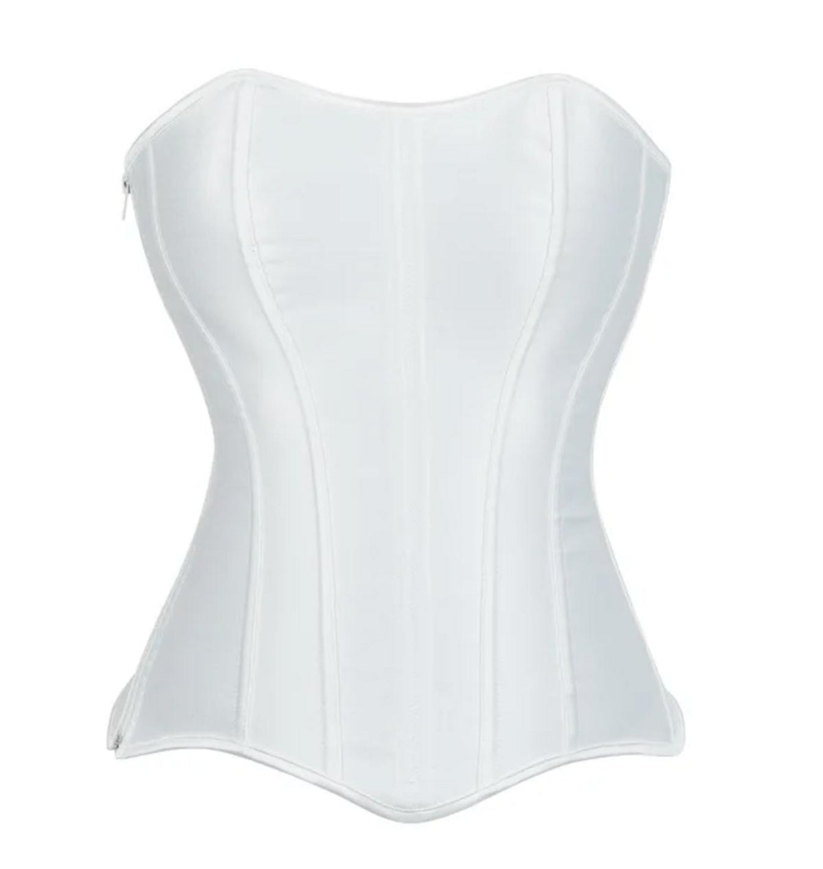 White satin Soli overbust corset with structured boning, sweetheart neckline, and a sleek side zipper closure.