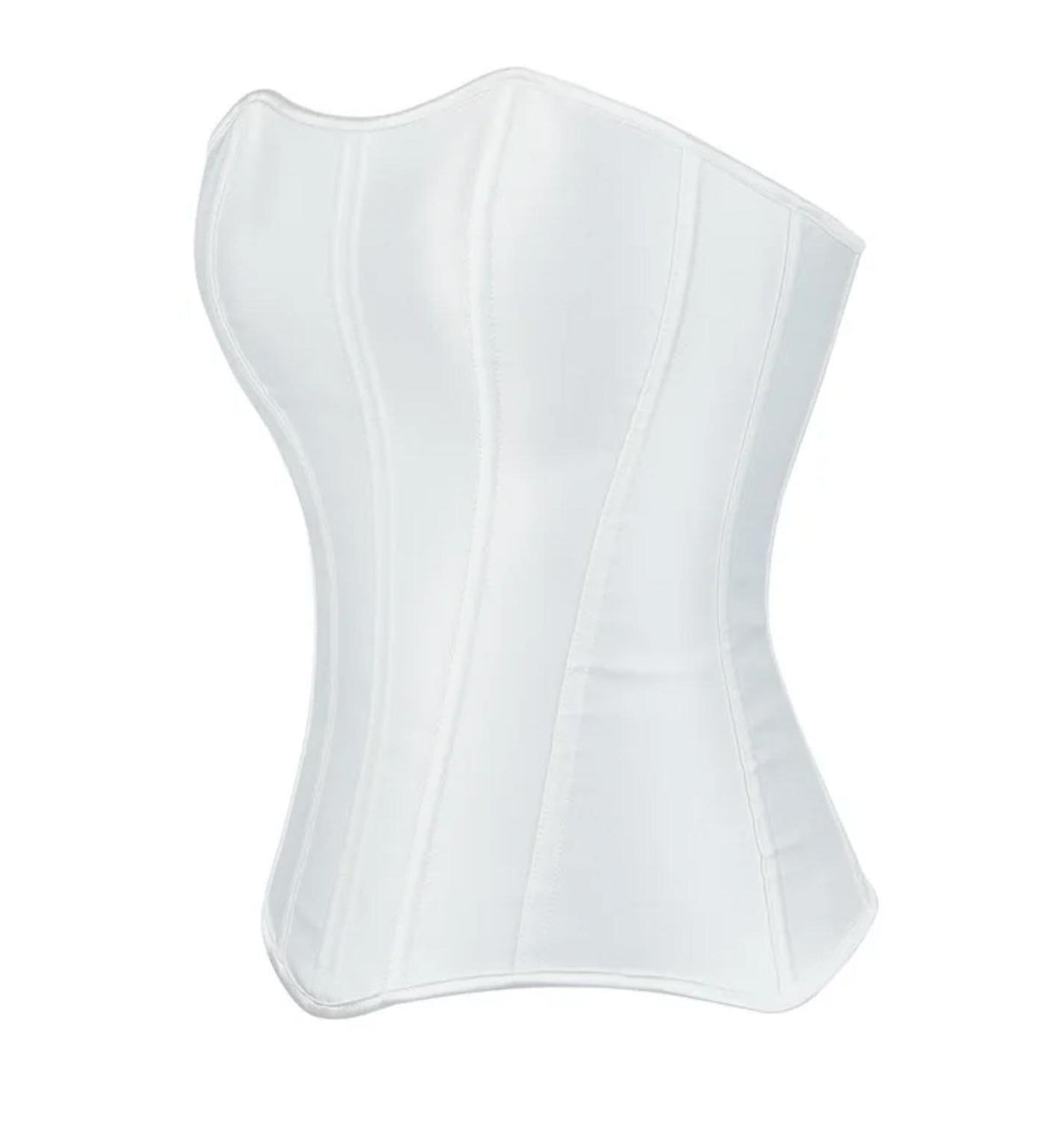 White satin overbust corset with structured boning and a sleek, form-fitting silhouette.