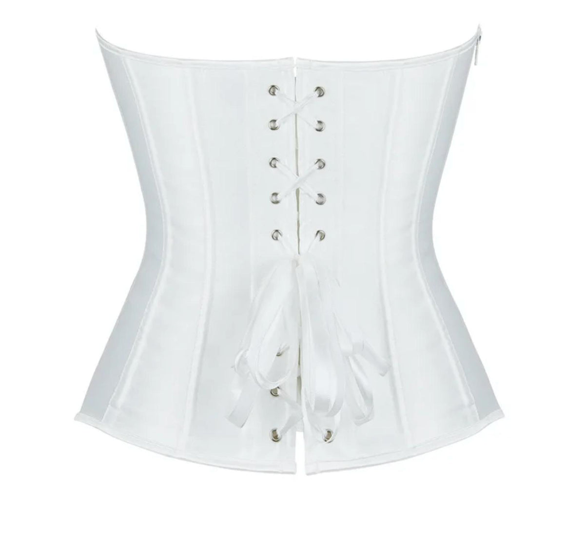 White satin overbust corset with structured boning and a back lace-up ribbon closure.
