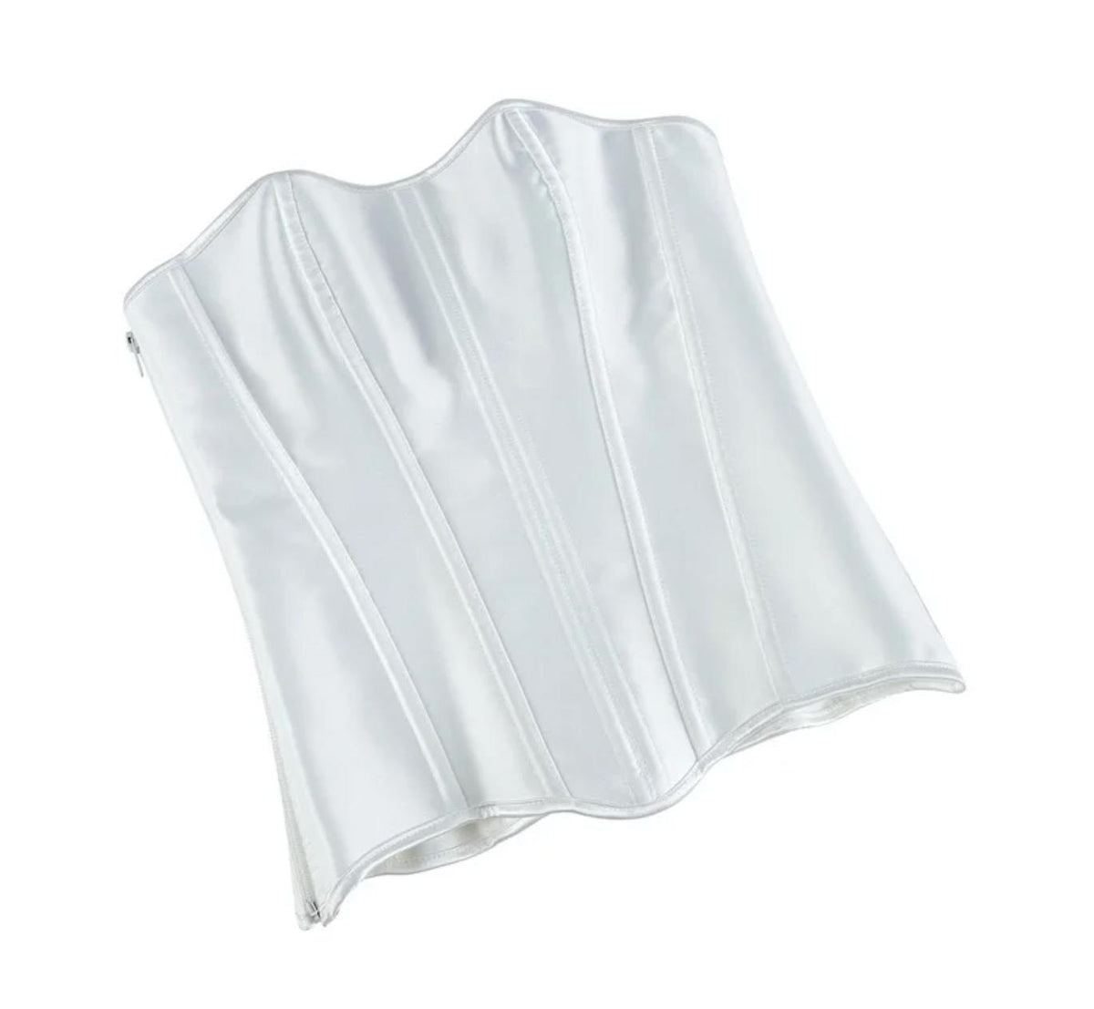 Soli white satin overbust corset with structured boning and a sleek front zipper closure.