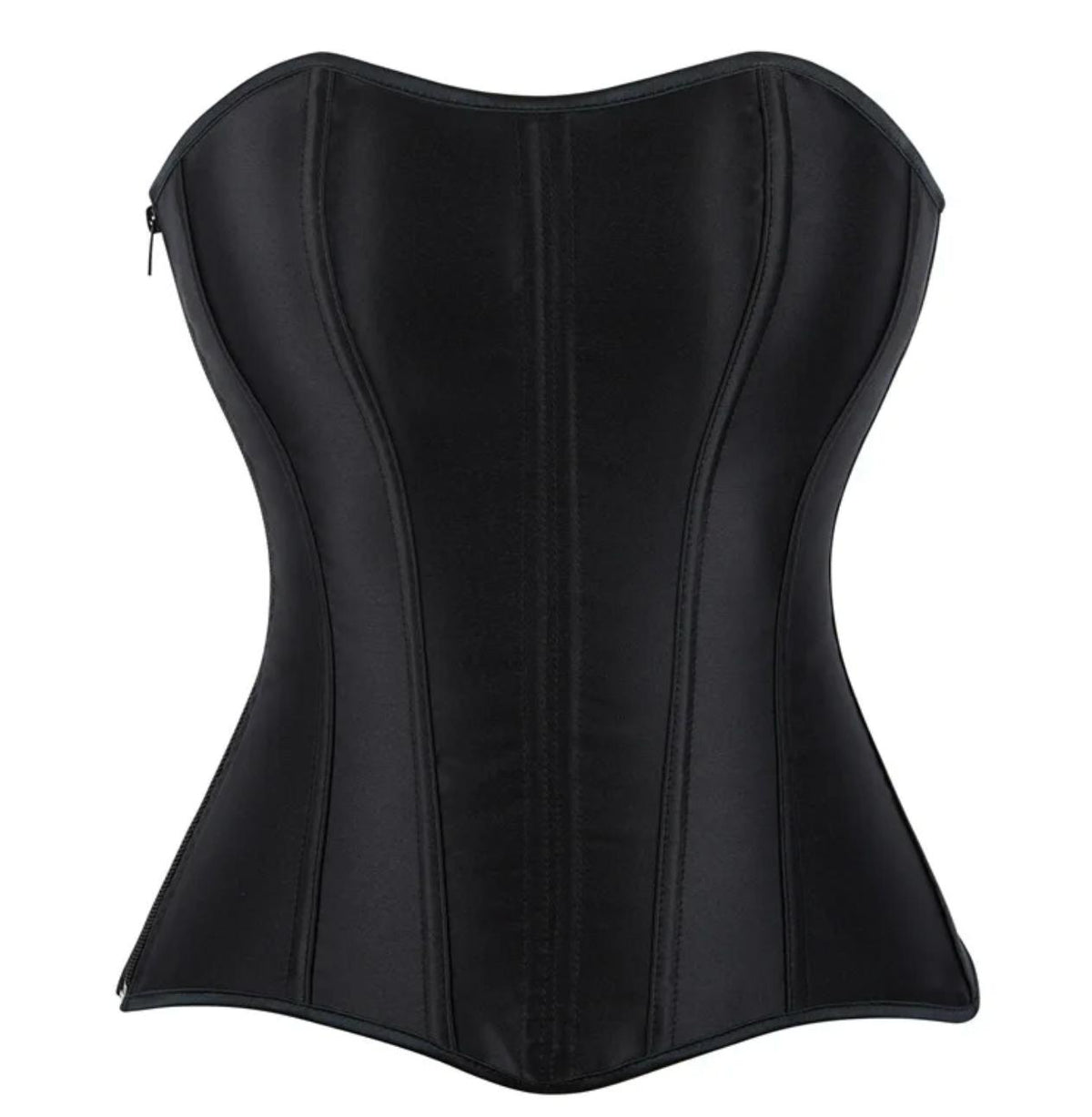 Black satin overbust corset with structured boning and a sleek side zipper closure for a sculpted silhouette.