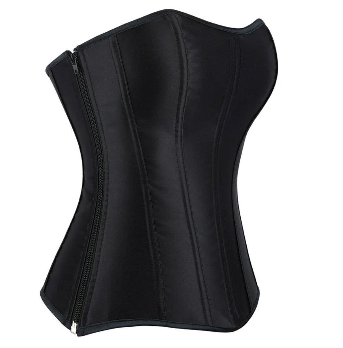 Black satin overbust corset with structured boning and a sleek front zipper closure for a sculpted silhouette.