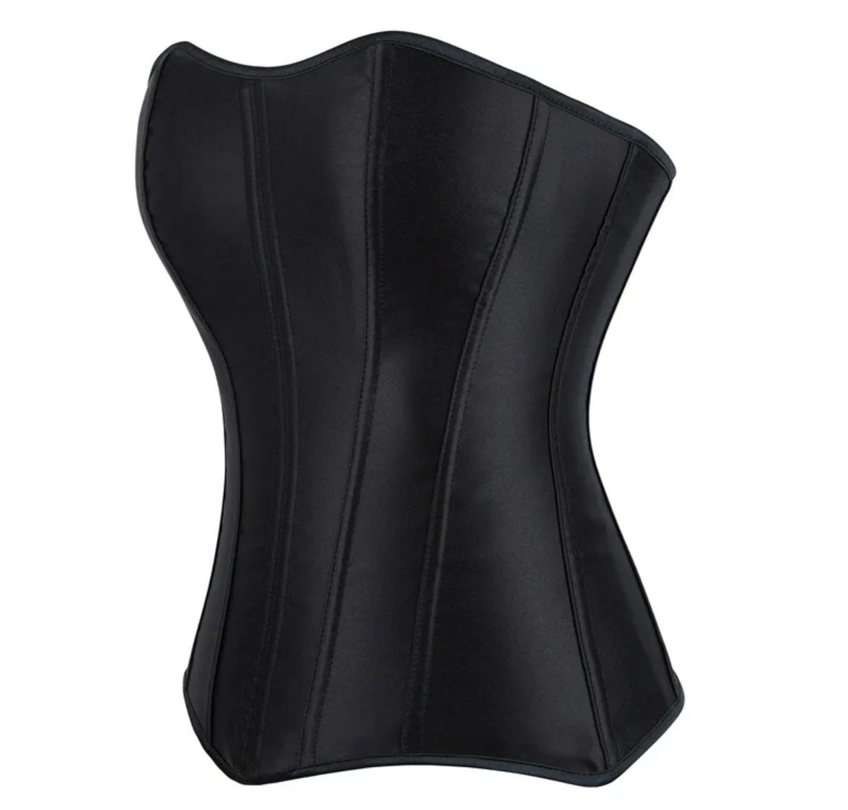 Soli black satin overbust corset with structured boning and a sleek, form-fitting design.