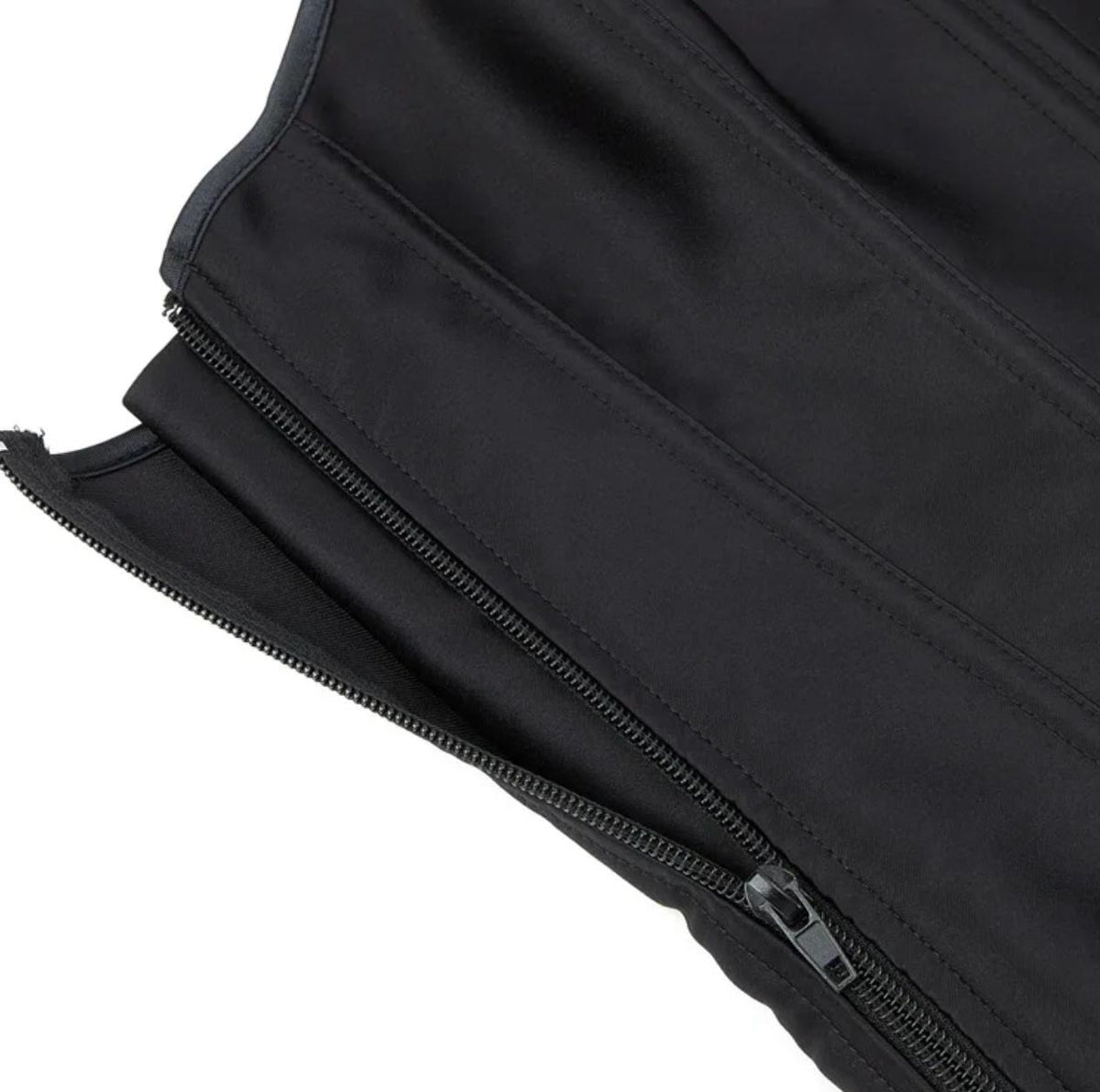 Black satin Soli overbust corset featuring structured boning and a sleek front zipper closure for a defined silhouette.