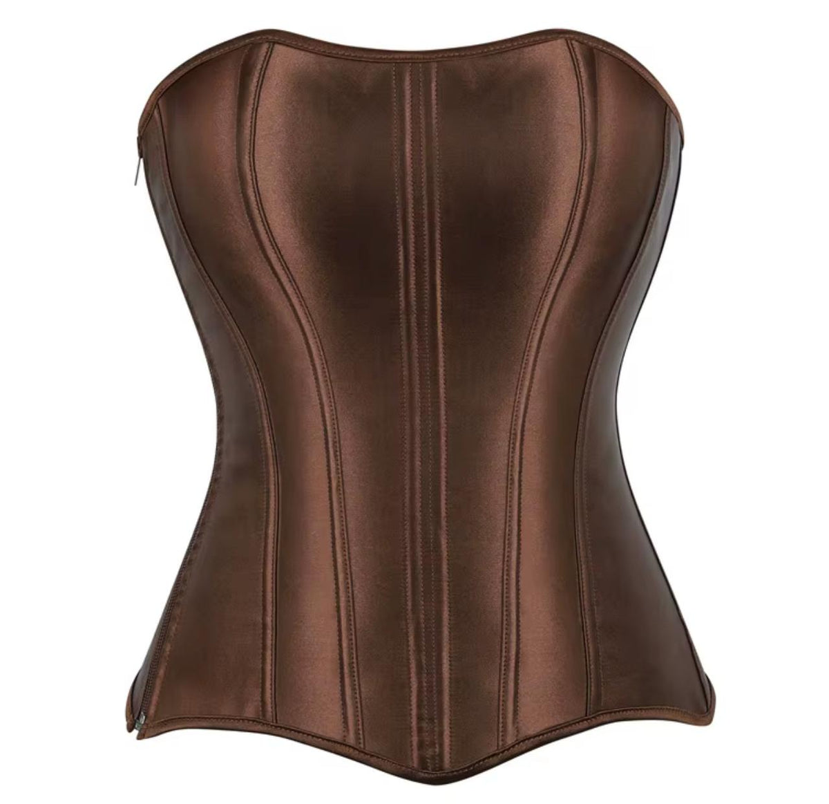 Soli overbust corset in dark brown satin with structured boning and a sleek side zipper closure.