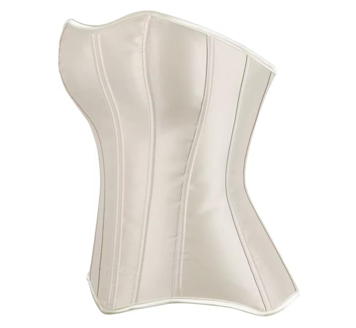 Soli overbust corset in champagne satin with structured boning and a sleek, form-fitting silhouette.