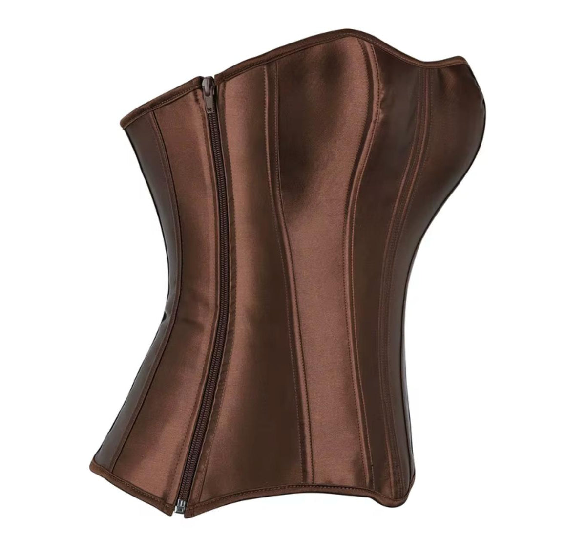 Soli brown satin overbust corset with structured boning and a sleek front zipper closure.