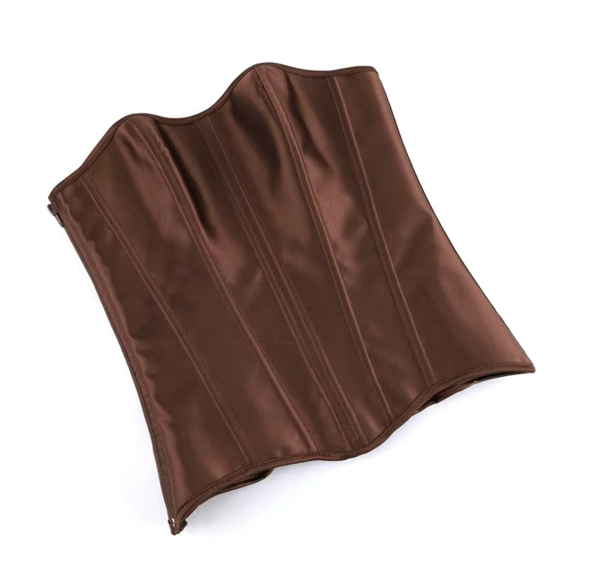 Soli overbust corset in dark brown satin with structured boning and a sleek front zipper closure.