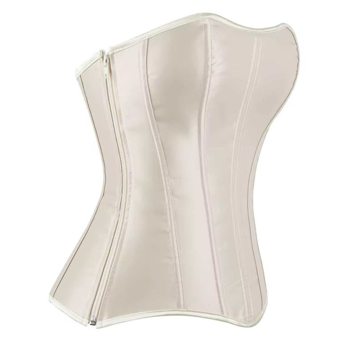 Soli overbust corset in champagne satin with structured boning and a sleek front zipper closure.
