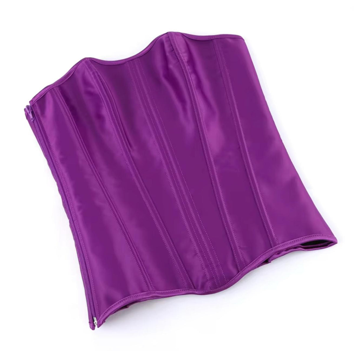 Purple satin overbust corset with structured boning and a sleek front zipper closure.