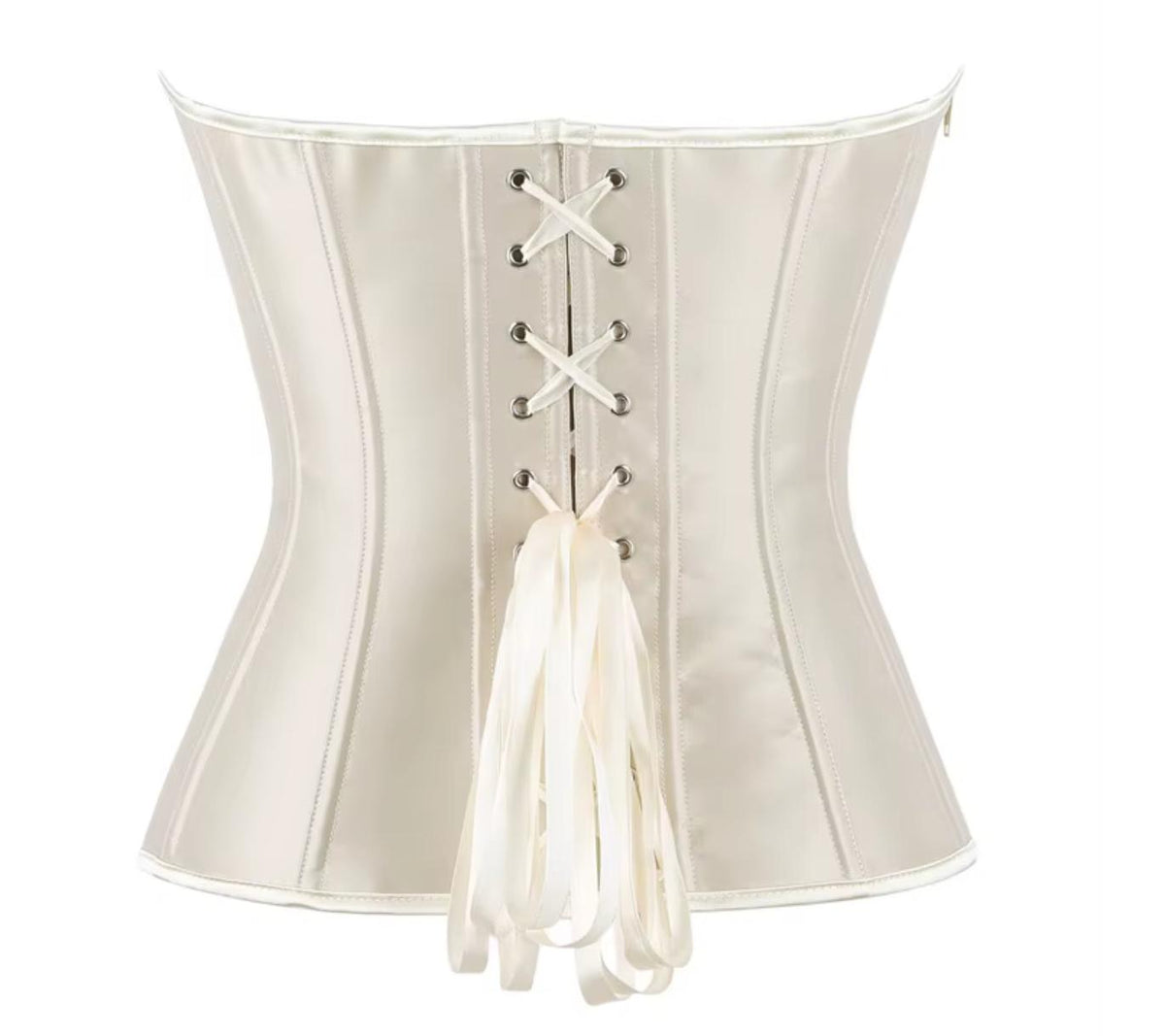 Cream satin Soli overbust corset featuring structured boning and a traditional lace-up back with matching ribbon ties.