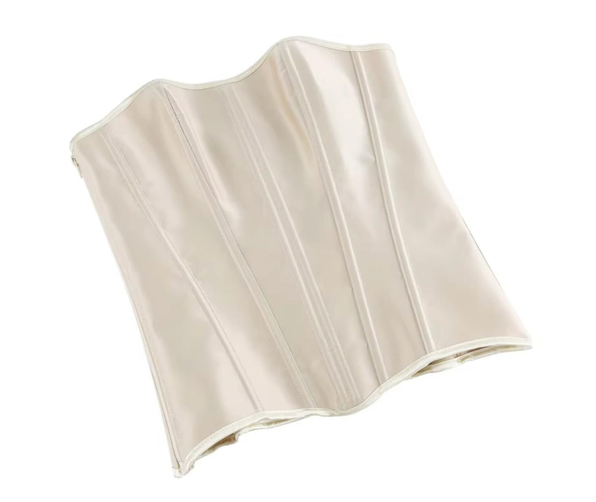 Soli champagne satin overbust corset with structured boning and a sleek front zipper closure.