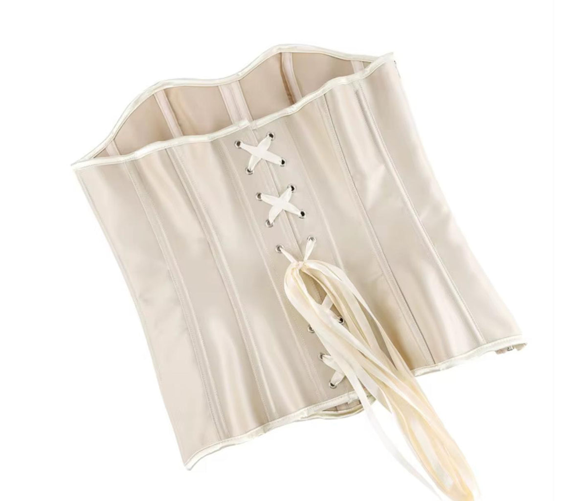 Cream satin overbust corset with structured boning and back ribbon lace-up closure isolated on white.