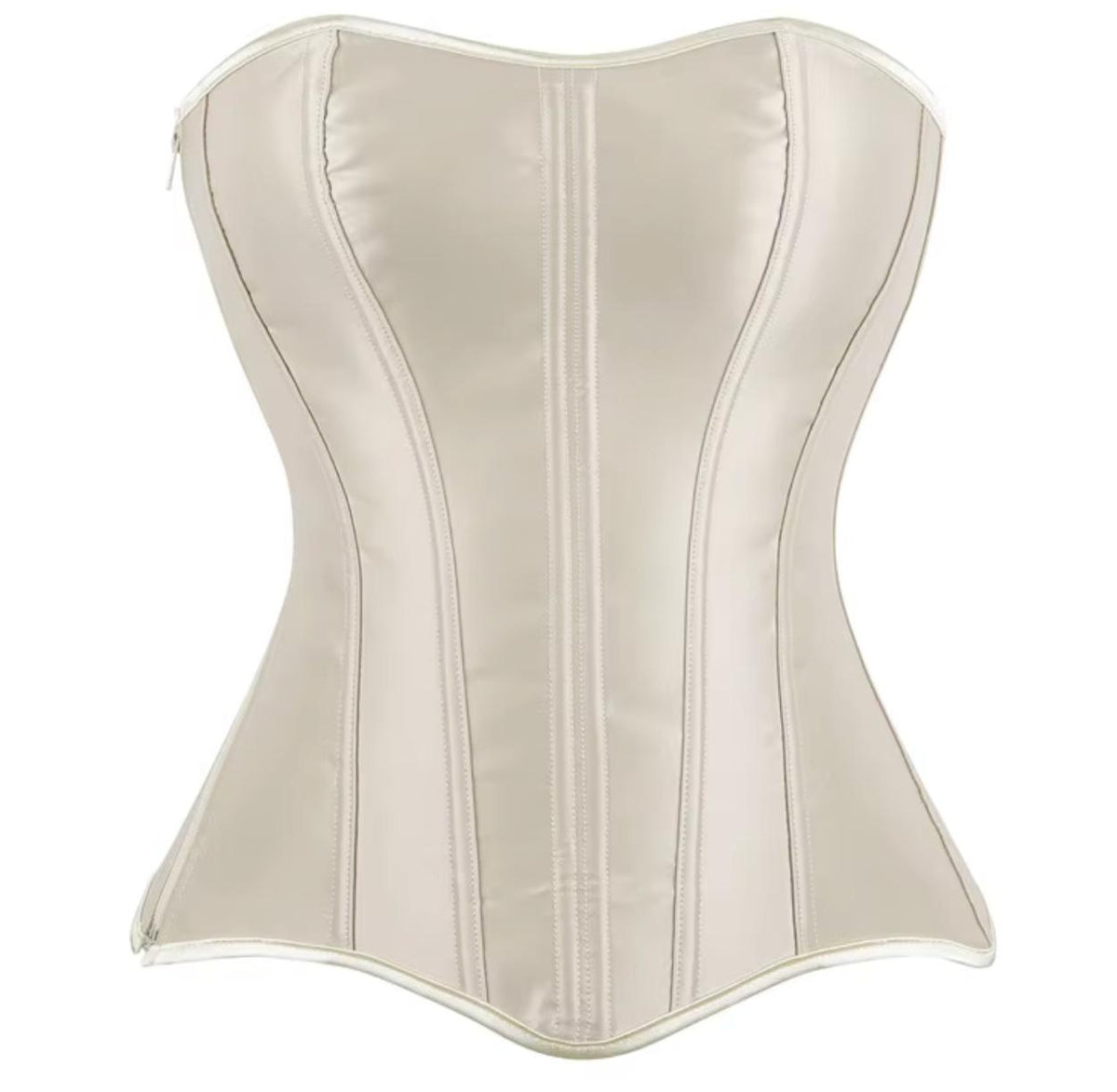 Soli cream satin overbust corset with structured boning, sweetheart neckline, and a sleek front zipper closure.