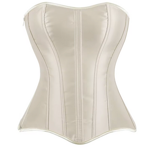 Soli cream satin overbust corset with structured boning, sweetheart neckline, and a sleek front zipper closure.