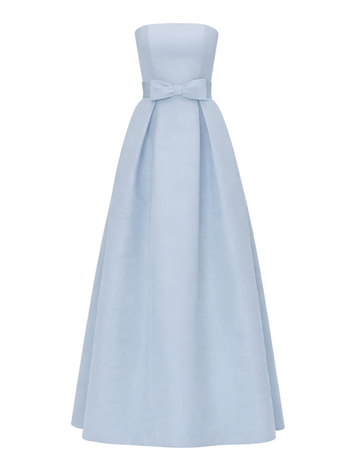 Light blue strapless satin gown with a pleated full-length skirt and a removable waist belt featuring a bow detail.