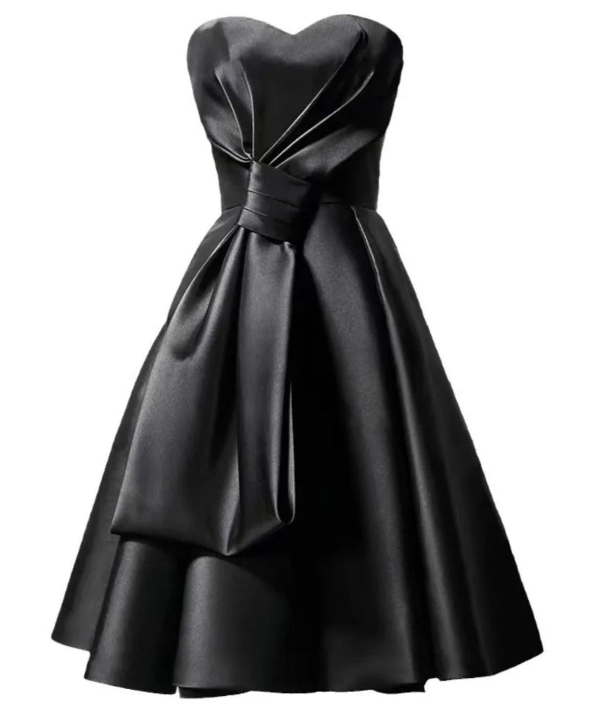 Sleeveless black satin midi dress with a sweetheart neckline, pleated bodice, and flared skirt.