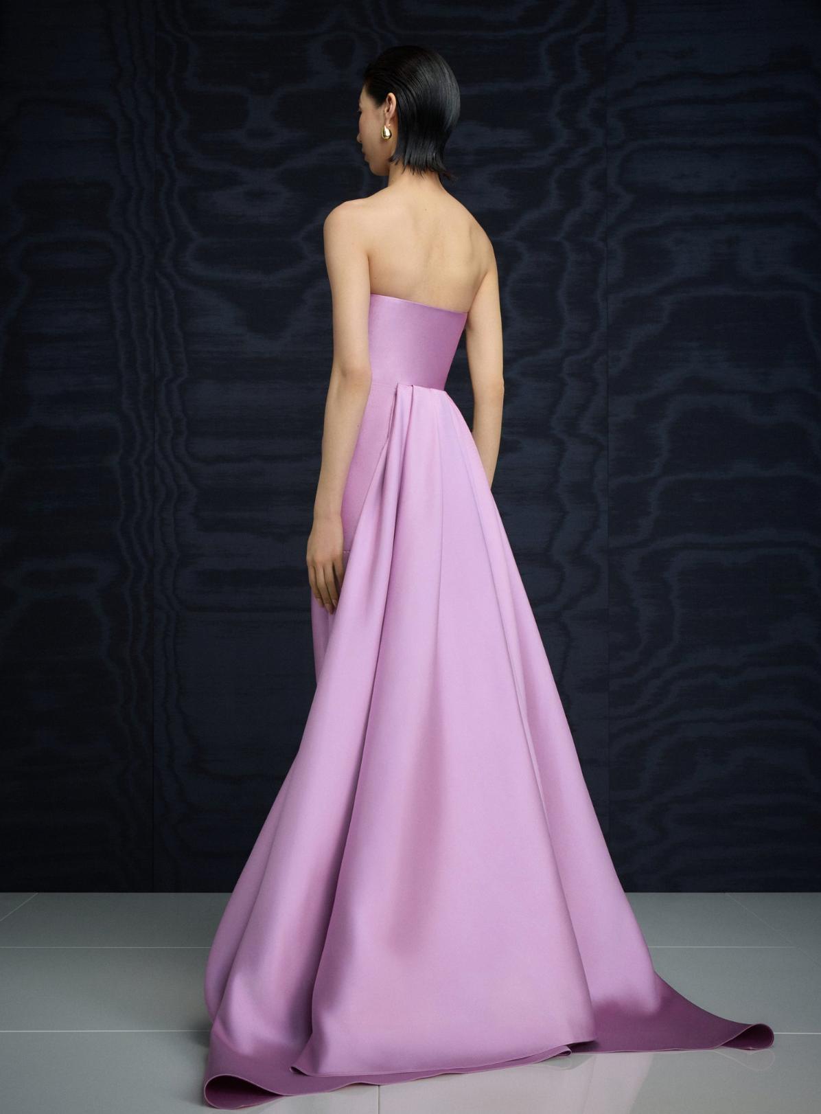 Strapless lavender satin gown with a detachable floor-sweeping train and structured twill silhouette.