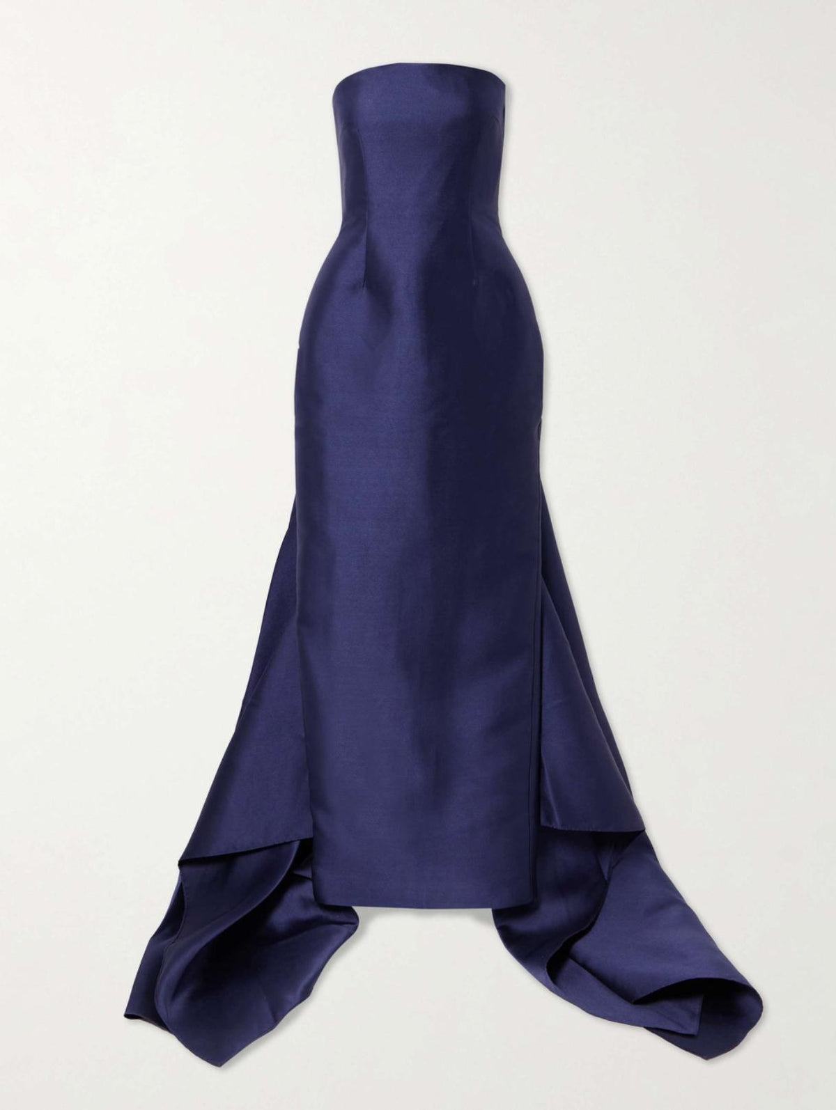 Strapless navy blue satin gown with a fitted bodice and a dramatic floor-sweeping detachable train.